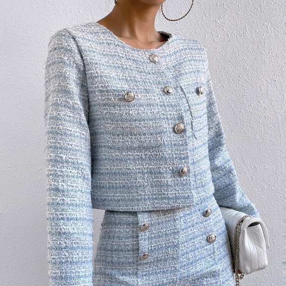 Baby Blue Casual Womens Plaid Print Button Front Jacket & Shorts - Picture 4 of 5